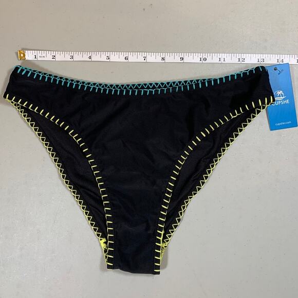 NWT Cupshe Black w/ Blue and Yellow Contrast Stitch Classic Bikini Bottoms Sz S - Picture 3 of 6